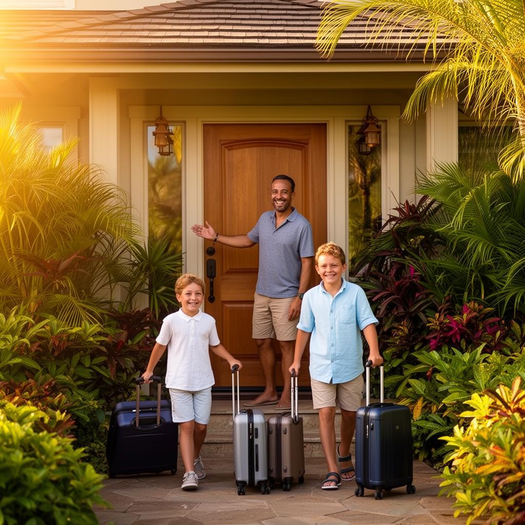Family checking into a Hawaii vacation rental at golden hour
