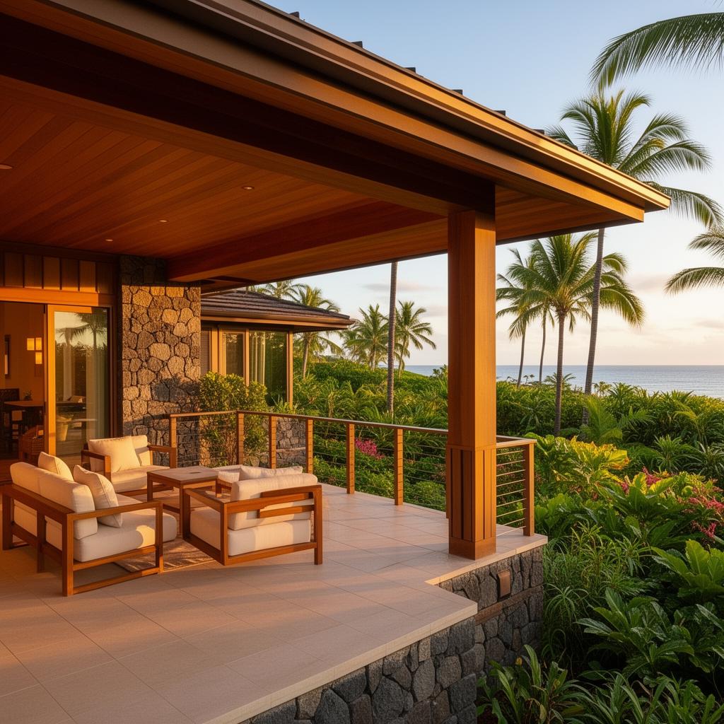 Beautiful Hawaii vacation rental with spacious lanai overlooking tropical gardens and ocean