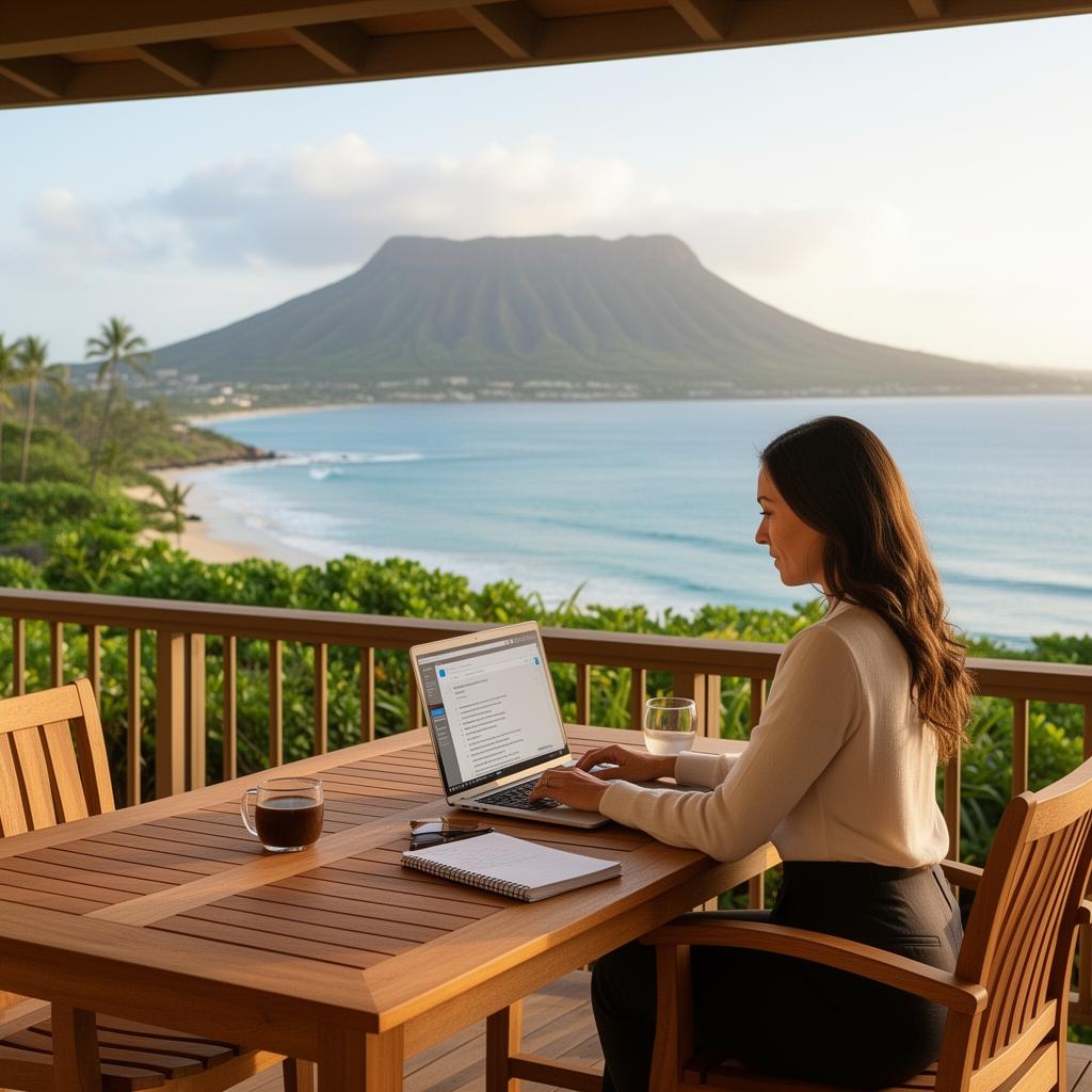 Hawaii property manager reviewing bookings on a laptop with an ocean view
